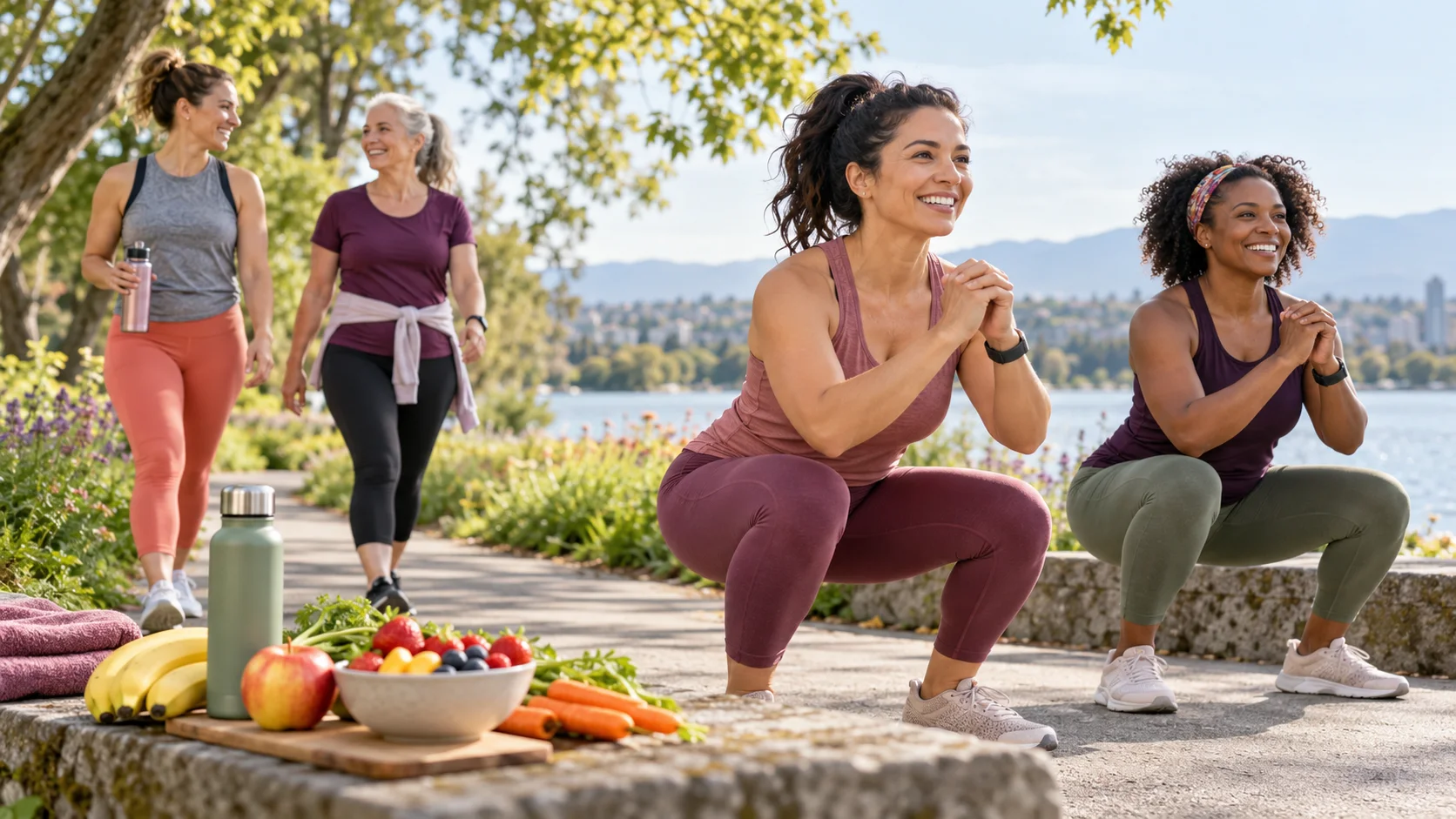 Women and men exercising together outdoors