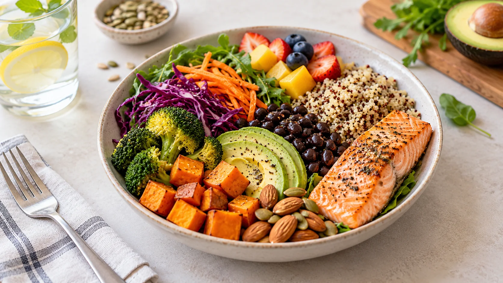Balanced plate with vegetables, fruit, whole grains and protein