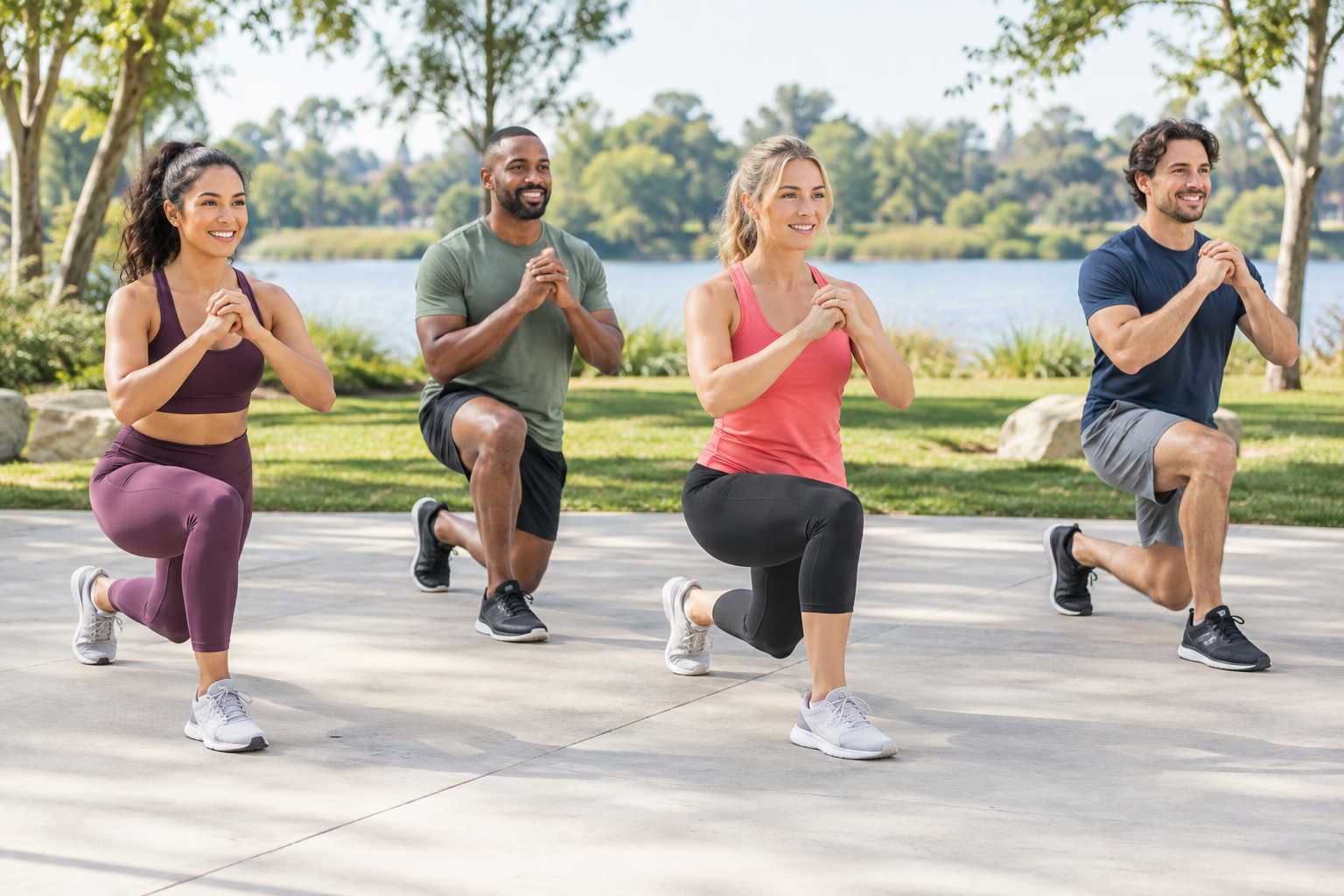Mixed-gender group performing reverse lunges together