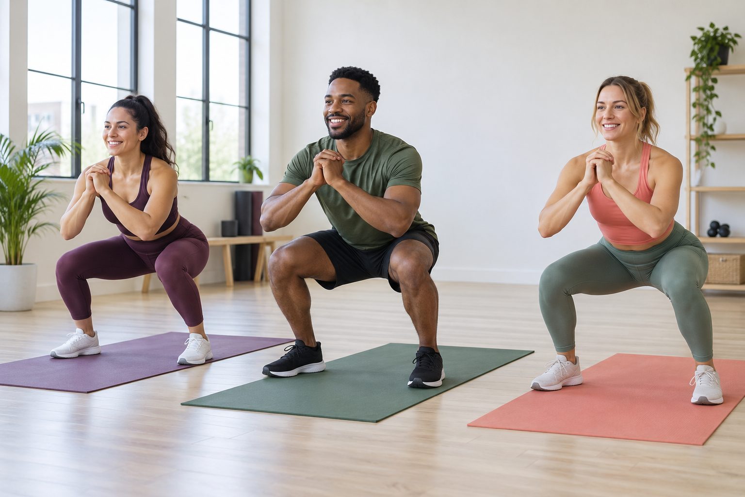 Mixed-gender group performing bodyweight squats together