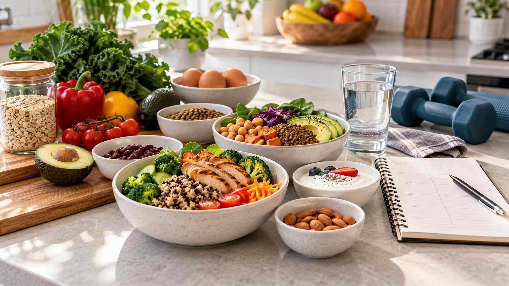 Balanced meal bowls, water, fresh foods and exercise weights on a kitchen counter