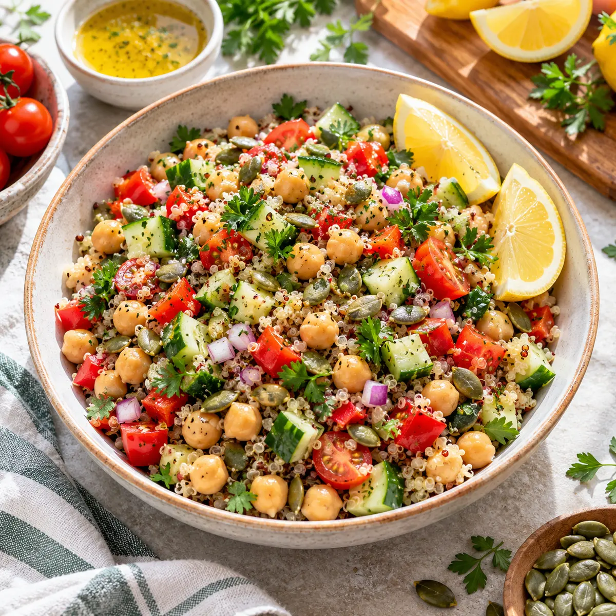Chickpea quinoa salad with cucumber, tomato, herbs and lemon dressing