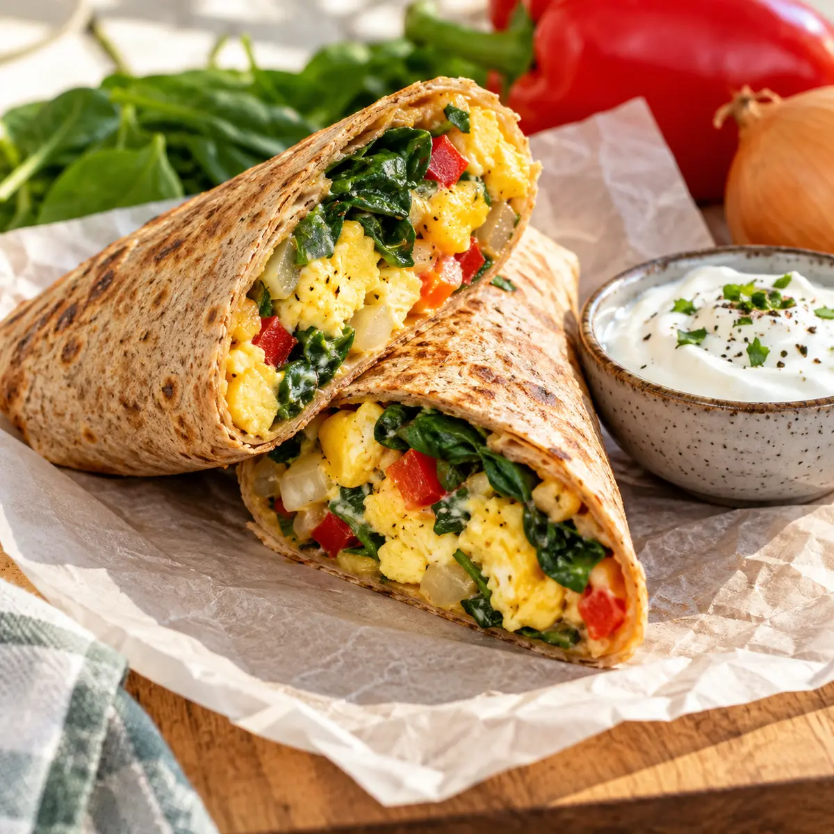 Healthy egg wrap with spinach, peppers and yogurt sauce