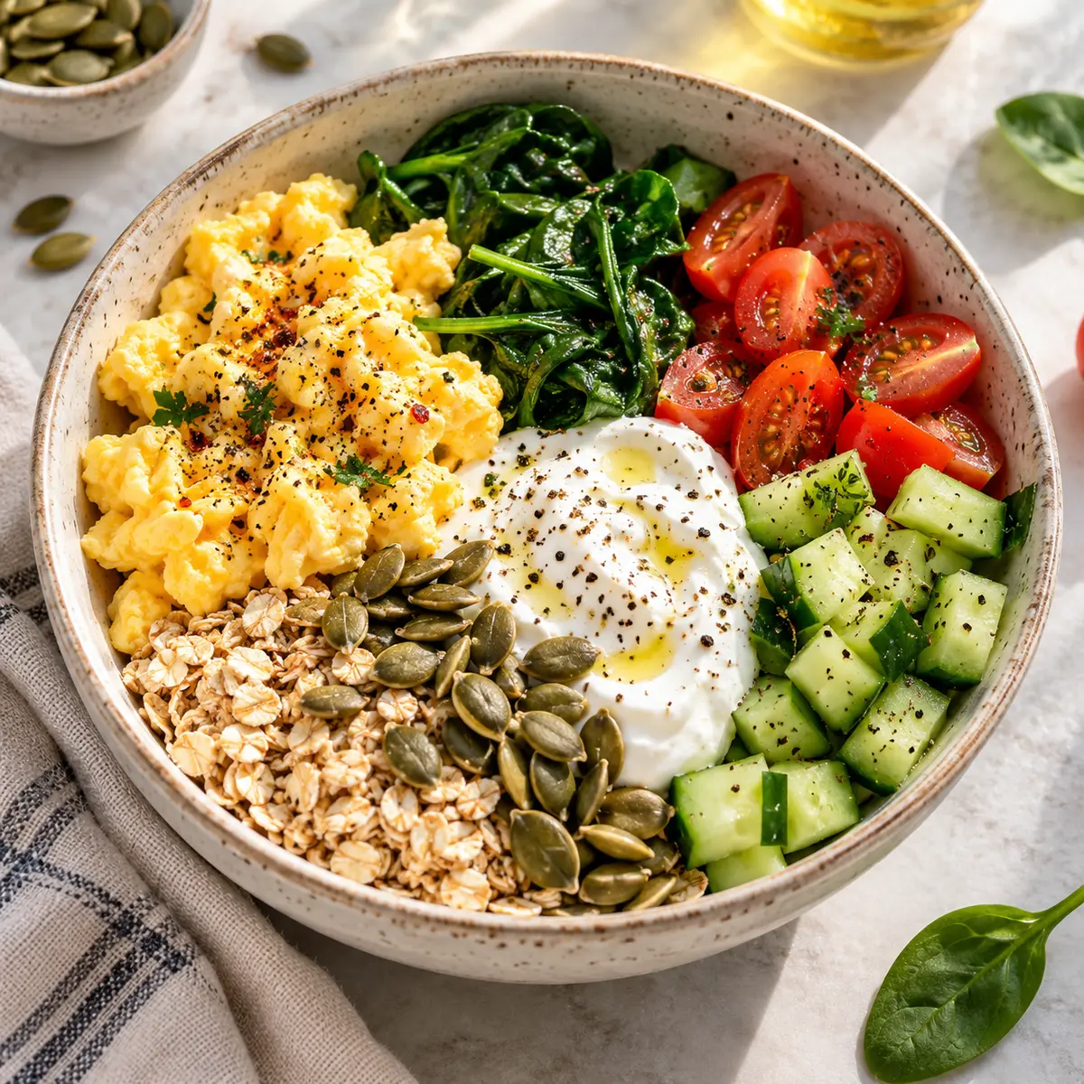 High-protein vegetarian breakfast bowl with eggs, oats, yogurt and vegetables