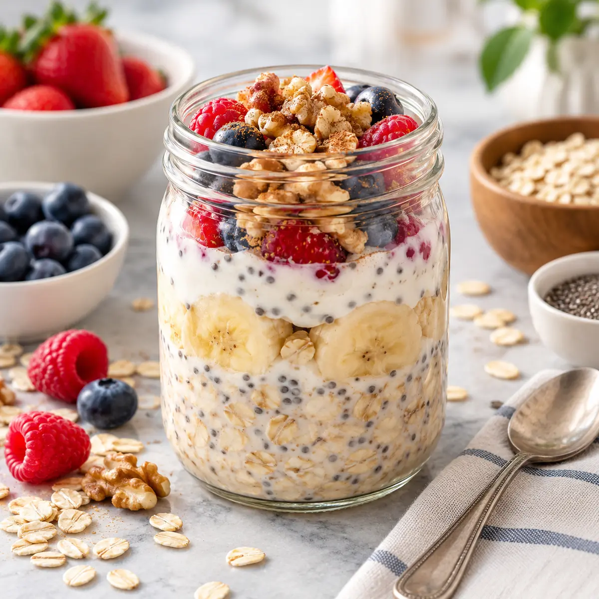 Make-ahead overnight oats with berries, banana, chia seeds and walnuts