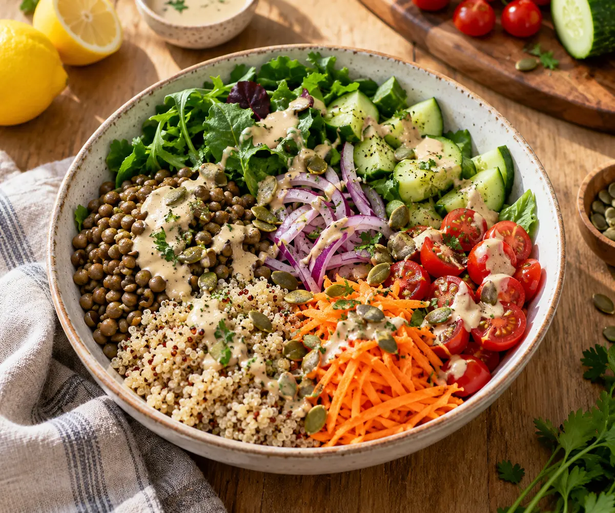 Vegan lentil power bowl with quinoa, vegetables and pumpkin seeds